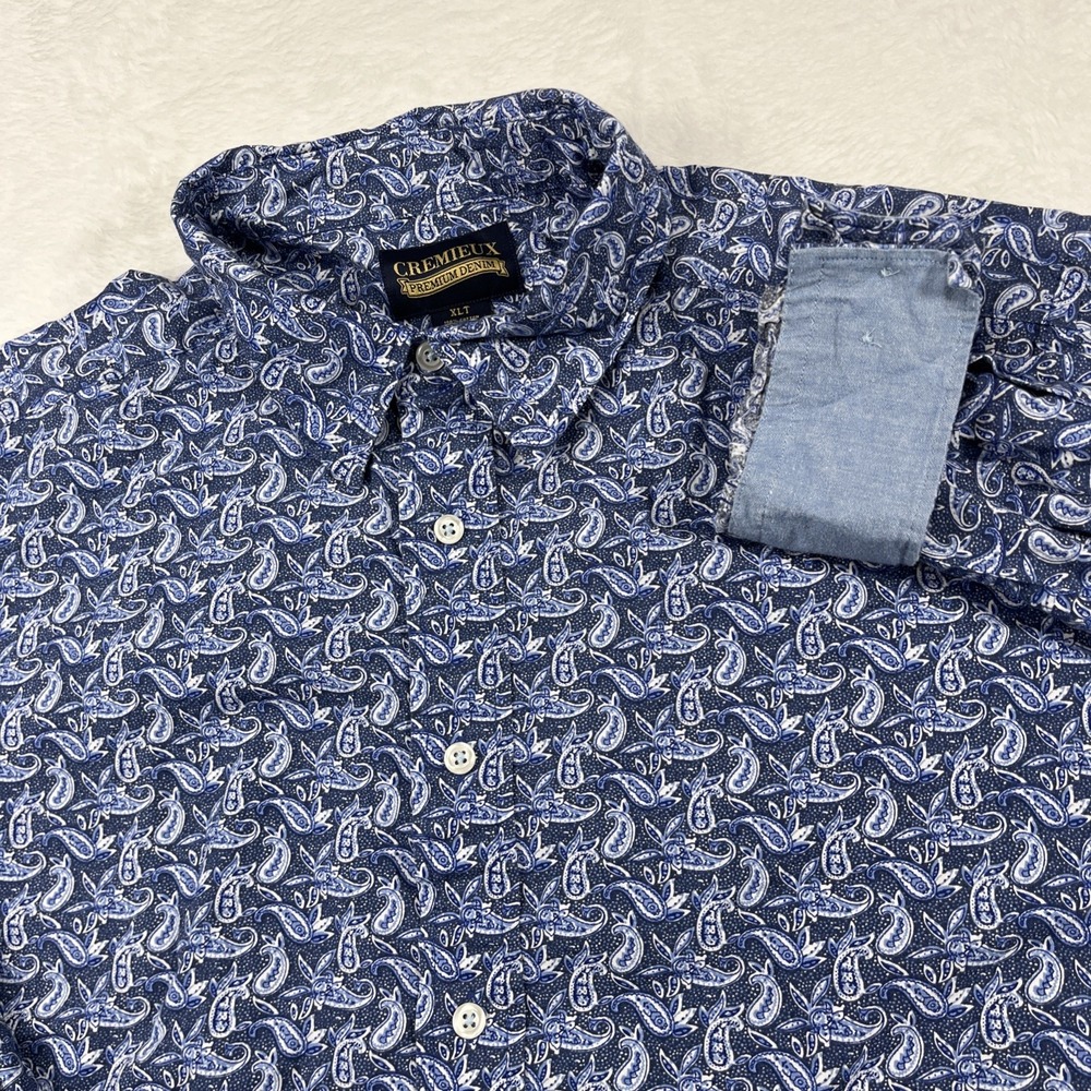 Cremieux Premium Denim Shirt Mens XLT Paisley Stretch Button Flip Cuff